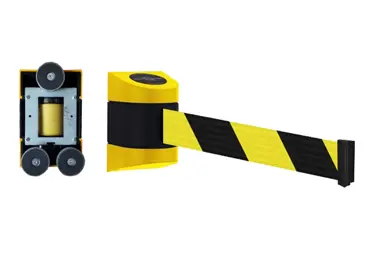 Wandkassette Tensabarrier, gelb-schwarz – Magnetgriff, magnetisches Endstück, selbstaufwickelndes Band 4,6 | 7,7 | 9 m, gelb-schwarze Schraffur